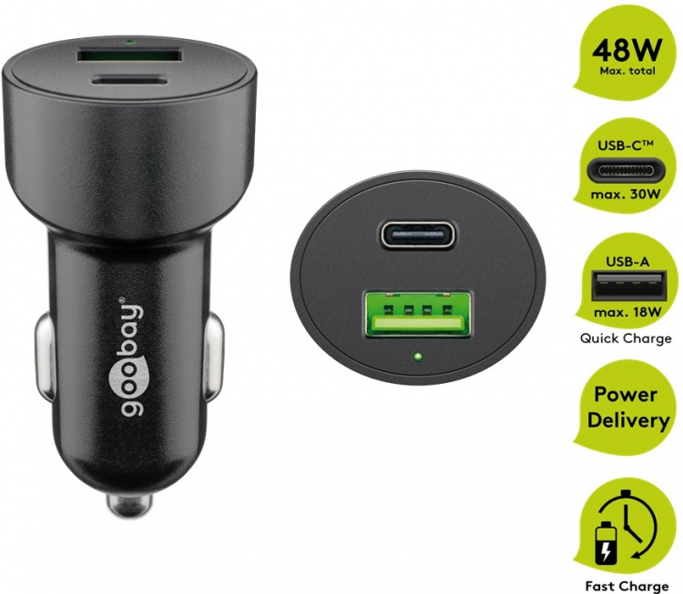 Goobay Dubbel USB-billadare USB-C™ PD (Power Delivery) (48 W) 48 W (12/24 V) USB-A/USB-C™ lämplig för enheter med USB-C™ (Power Delivery), t.ex. iPhone 12