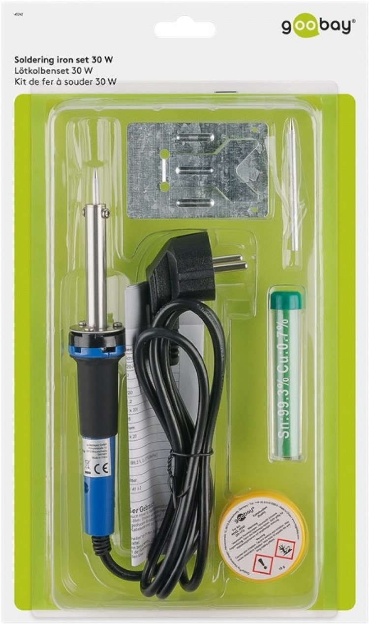 Goobay Lödkolvsats för finlödning, 30 W, 5 st. med lödkolv, lödkolvhållare, lödtunnspiral, extra lödspets och kolofonium