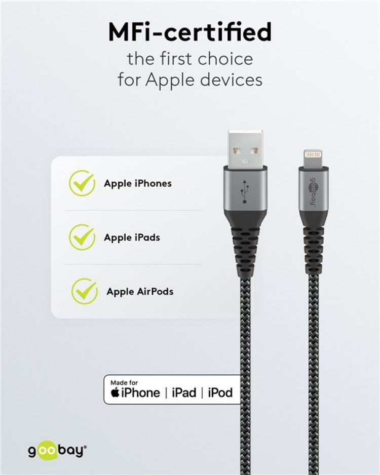 Goobay Lightning till USB-A-textilkabel med metallpluggar 0,5 m elegant och extra robust anslutningskabel för t.ex. Apple iPhone, iPad (Apple MFi certifierad) Goobay Lightning till USB-A-textilkabel med metallpluggar 0,5 m elegant och extra robust anslutningskabel för t.ex. Apple iPhone, iPad (Apple MFi certifierad)