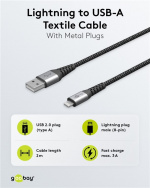 Goobay Lightning till USB-A-textilkabel med metallpluggar 2 m elegant och extra robust anslutningskabel för t.ex. Apple iPhone, iPad (Apple MFi certifierad) Goobay Lightning till USB-A-textilkabel med metallpluggar 2 m elegant och extra robust anslutningskabel för t.ex. Apple iPhone, iPad (Apple MFi certifierad)