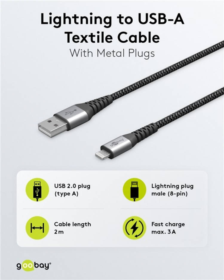 Goobay Lightning till USB-A-textilkabel med metallpluggar 2 m elegant och extra robust anslutningskabel för t.ex. Apple iPhone, iPad (Apple MFi certifierad) Goobay Lightning till USB-A-textilkabel med metallpluggar 2 m elegant och extra robust anslutningskabel för t.ex. Apple iPhone, iPad (Apple MFi certifierad)
