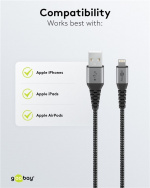 Goobay Lightning till USB-A-textilkabel med metallpluggar 2 m elegant och extra robust anslutningskabel för t.ex. Apple iPhone, iPad (Apple MFi certifierad) Goobay Lightning till USB-A-textilkabel med metallpluggar 2 m elegant och extra robust anslutningskabel för t.ex. Apple iPhone, iPad (Apple MFi certifierad)