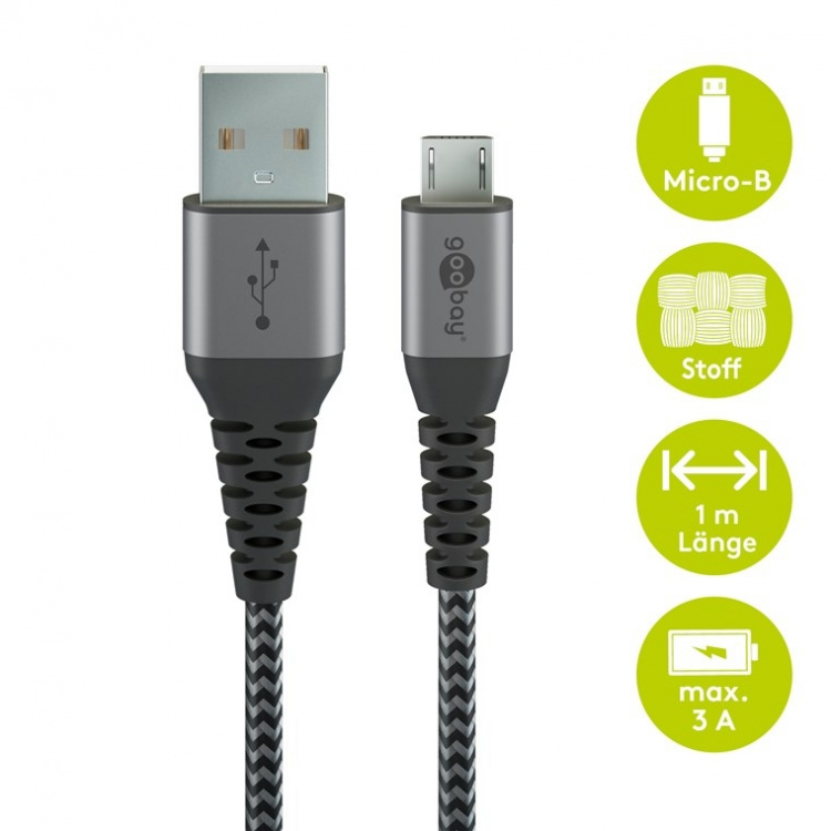 Goobay Micro-USB till USB-A textilkabel med metallkontakter 1 m elegant och extra robust anslutningskabel för enheter med Micro-USB-anslutning
