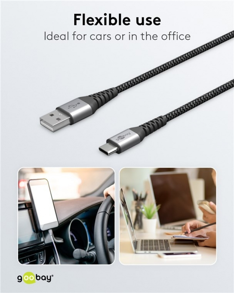 Goobay USB-C™ till USB-A textilkabel med metallkontakter 1 m elegant och extra robust anslutningskabel för enheter med USB-C™-port