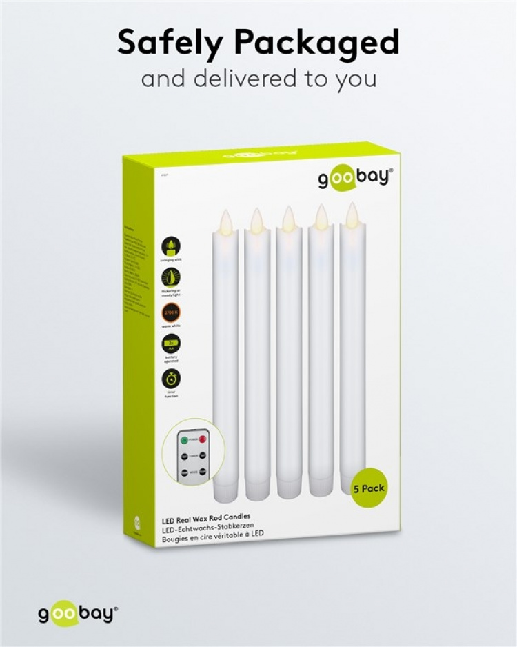 Goobay Set med 5 vita LED riktiga vax stav ljus, inkl. fjärrkontroll Vacker och säker belysningslösning för många områden som hus och loggia, kontor eller skolor