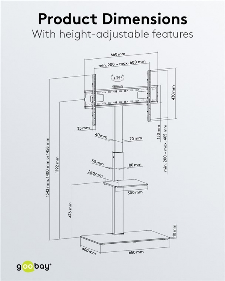 Goobay TV-golvstativ Basic (storlek L) för TV-apparater och bildskärmar mellan 37 och 70 tum (94-178 cm) upp till 40 kg, svängbar