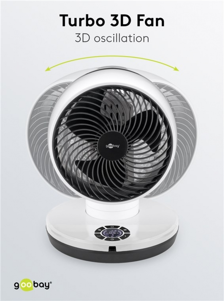 Goobay 9 tum 3D-golvfläkt med fjärrkontroll och timer horisontellt och vertikalt oscillerande luftkylare med nätkabel, diameter 23 cm