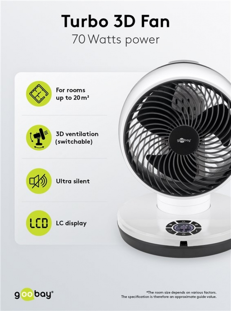 Goobay 9 tum 3D-golvfläkt med fjärrkontroll och timer horisontellt och vertikalt oscillerande luftkylare med nätkabel, diameter 23 cm