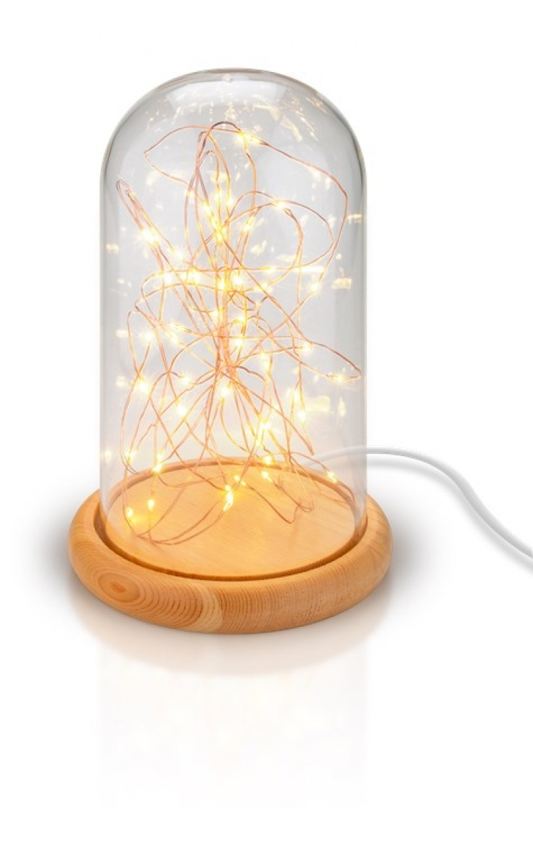 Goobay Glaskupa med mikro LED mikro-ljusslinga med träplatta, 115 cm USB-kabel, 5 m ljuskedja med 50 mikro-LED i varmvitt (2700 K) och strömbrytare (On/Off)