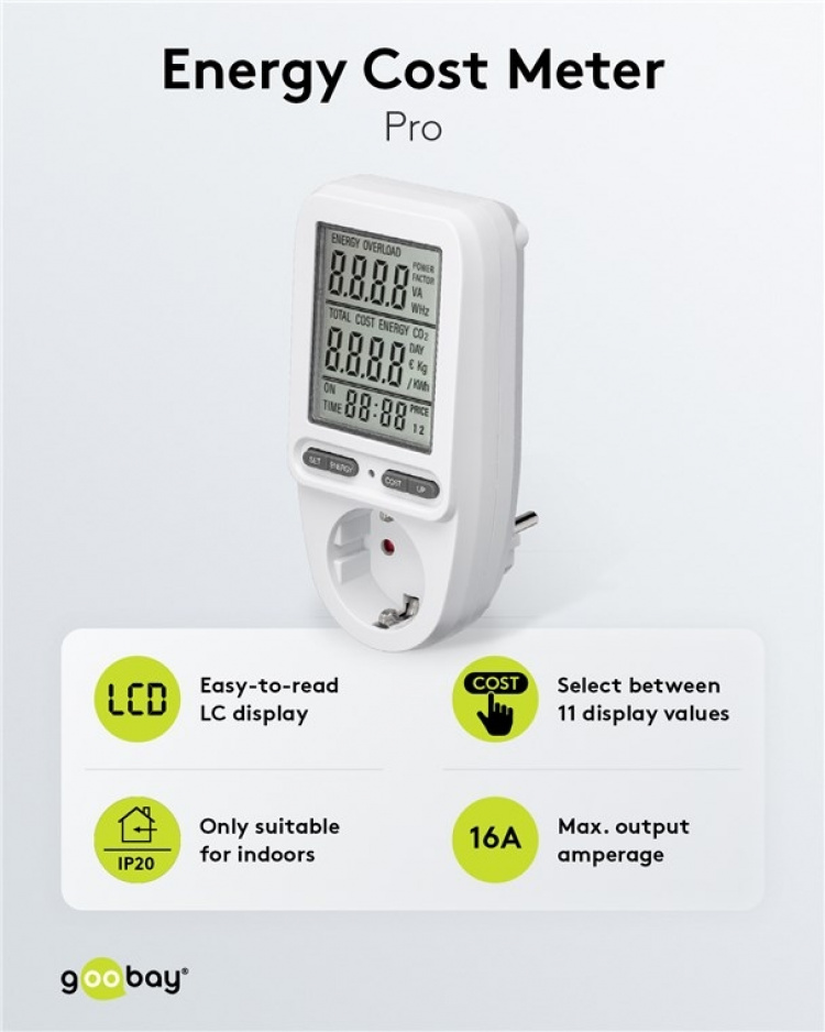 Goobay Digital energimätare Pro för mätning av energiförbrukningen för elektriska hushållsapparater