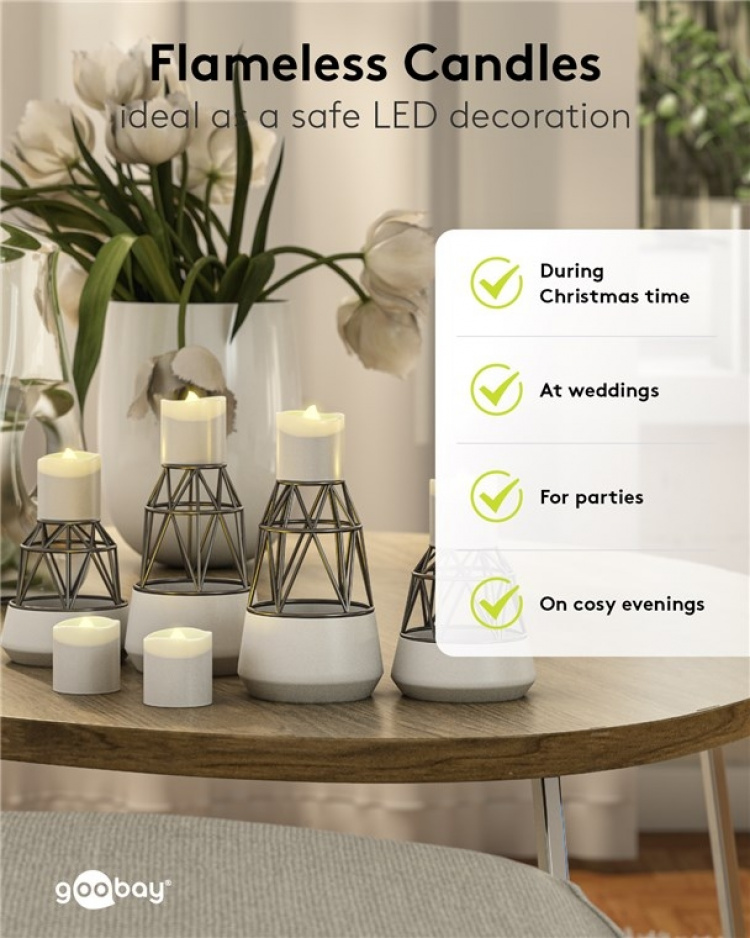 Goobay Uppsättning med 6 LED-värmeljus ljusuppsättning med fjärrkontroll, för inomhusbruk (IP20), varmvitt (2700 K), laddning via USB Goobay Uppsättning med 6 LED-värmeljus ljusuppsättning med fjärrkontroll, för inomhusbruk (IP20), varmvitt (2700 K), laddning via USB