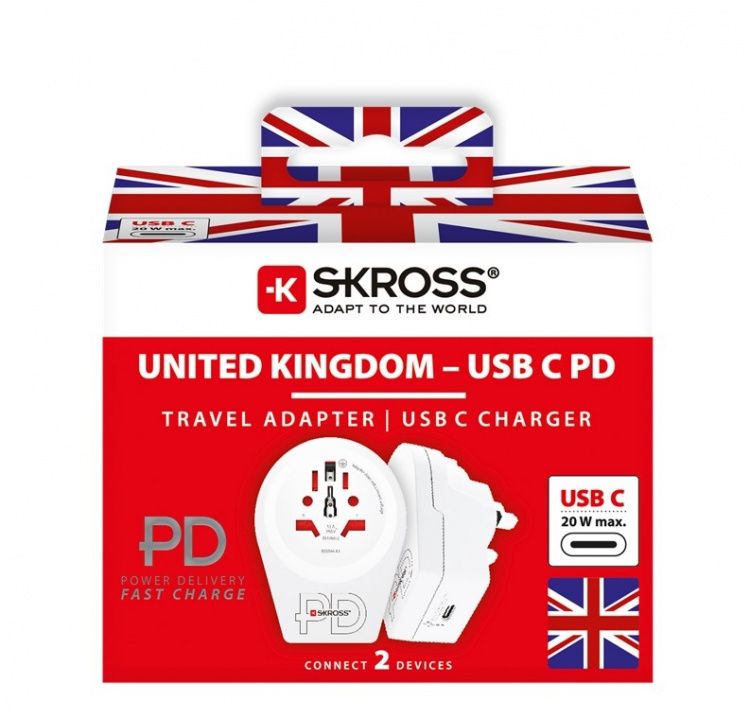 SKROSS World Adapter - World to UK USB-C™ PD för alla jordade och ojordade enheter (2- och 3-poliga), med integrerad, ultrasnabb USB-C™-laddare (Power Delivery) SKROSS World Adapter - World to UK USB-C™ PD för alla jordade och ojordade enheter (2- och 3-poliga), med integrerad, ultrasnabb USB-C™-laddare (Power Delivery)