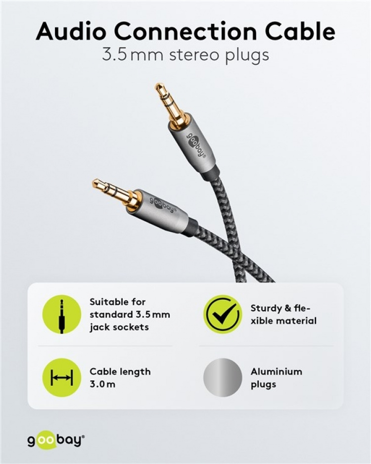 Goobay Ljudanslutningskabel AUX, 3,5 mm stereo, 3 m, Sharkskin Grey Pawl 3,5 mm plugg (3-stift, Stereo) > Pawl 3,5 mm plugg (3-stift, Stereo) Goobay Ljudanslutningskabel AUX, 3,5 mm stereo, 3 m, Sharkskin Grey Pawl 3,5 mm plugg (3-stift, Stereo) > Pawl 3,5 mm plugg (3-stift, Stereo)