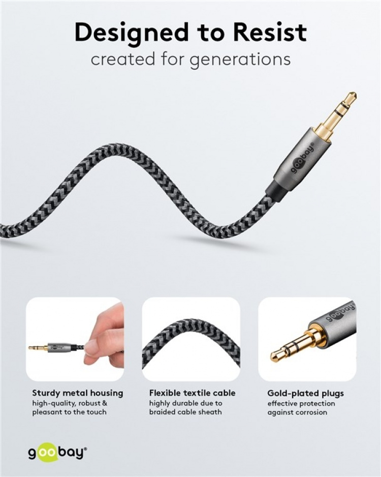 Goobay Ljudanslutningskabel AUX, 3,5 mm stereo, 5 m, Sharkskin Grey Pawl 3,5 mm plugg (3-stift, Stereo) > Pawl 3,5 mm plugg (3-stift, Stereo)
