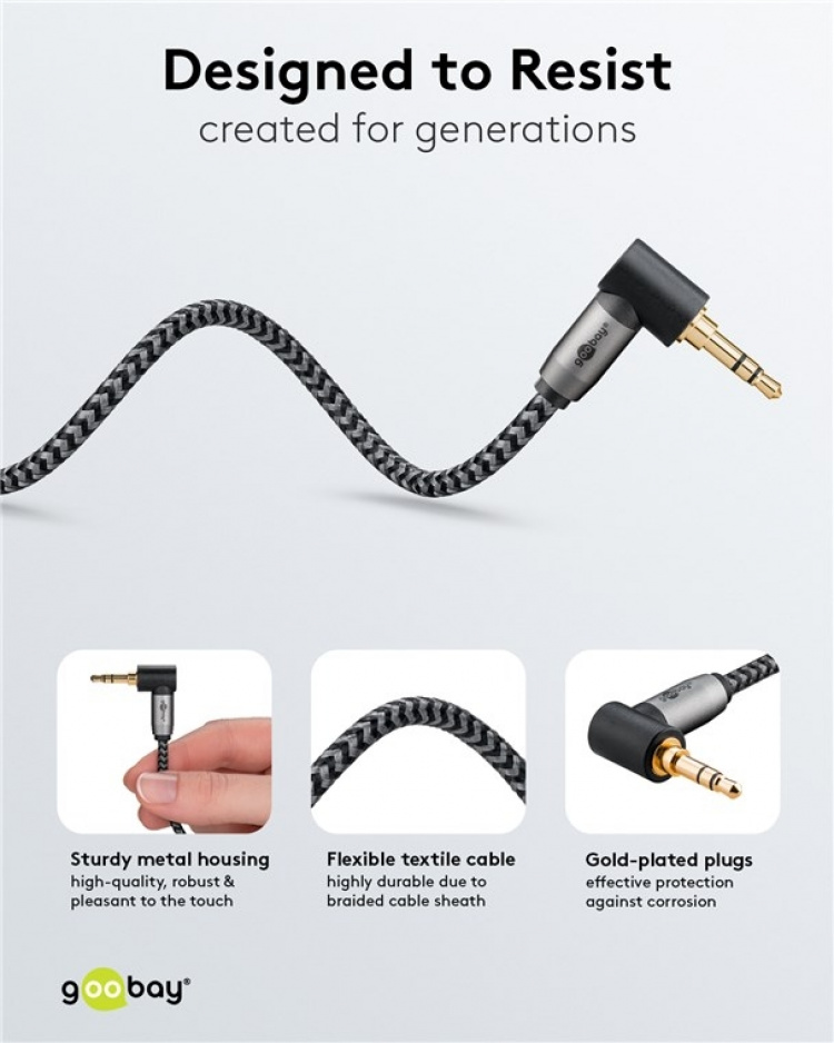 Goobay Ljudanslutningskabel AUX, 3,5 mm stereo, 90°, 2 m, Sharkskin Grey Pawl 3,5 mm plugg (3-stift, Stereo) > Pawl 3,5 mm plugg (3-stift, stereo) 90 °