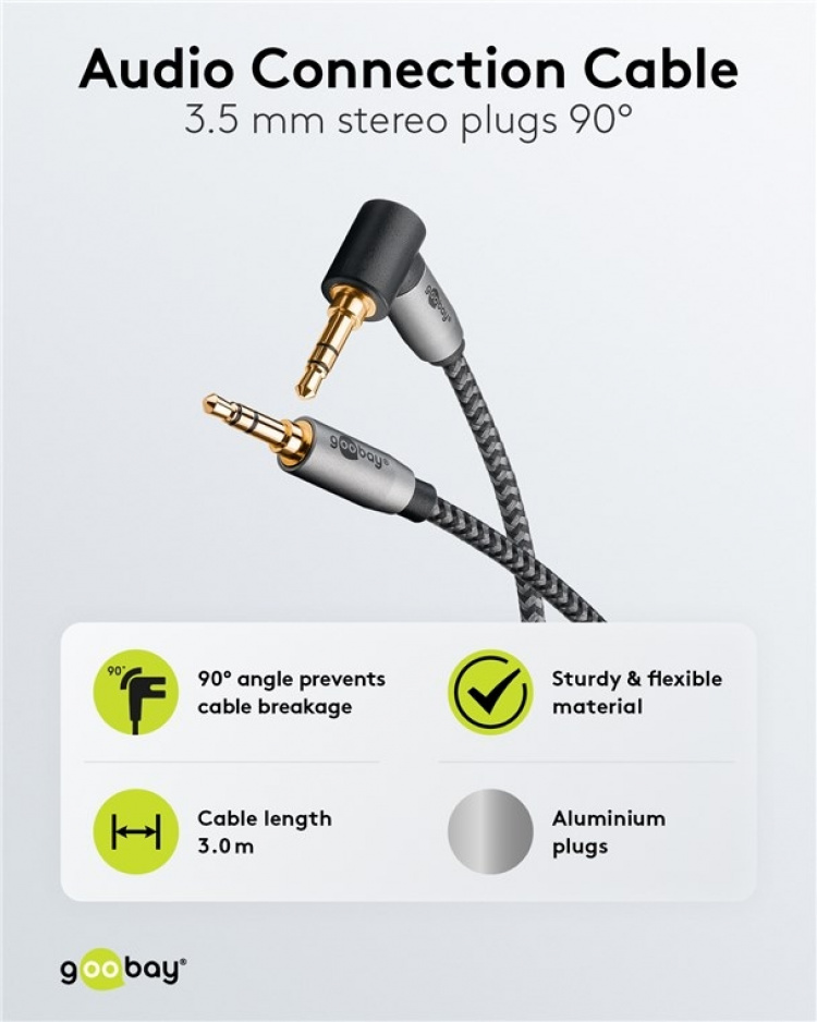 Goobay Ljudanslutningskabel AUX, 3,5 mm stereo, 90°, 3 m, Sharkskin Grey Pawl 3,5 mm plugg (3-stift, Stereo) > Pawl 3,5 mm plugg (3-stift, stereo) 90 ° Goobay Ljudanslutningskabel AUX, 3,5 mm stereo, 90°, 3 m, Sharkskin Grey Pawl 3,5 mm plugg (3-stift, Stereo) > Pawl 3,5 mm plugg (3-stift, stereo) 90 °