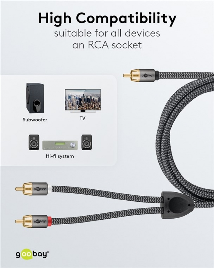 Goobay RCA-splitterkabel, 2 m, Sharkskin Grey Cinch kontakten (woofer, Center) > 2x Cinch kontakten (woofer) Goobay RCA-splitterkabel, 2 m, Sharkskin Grey Cinch kontakten (woofer, Center) > 2x Cinch kontakten (woofer)