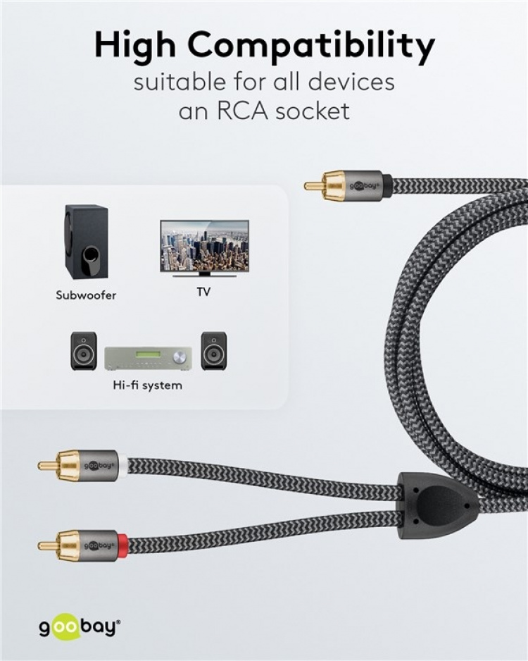 Goobay RCA-splitterkabel, 10 m, Sharkskin Grey Cinch kontakten (woofer, Center) > 2x Cinch kontakten (woofer)