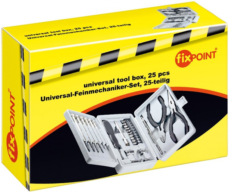 Fixpoint Universalsats för finmekaniker, 25 delar verktygssats med skruvmejslar, bitshållare, bitsats, tänger och hylsor