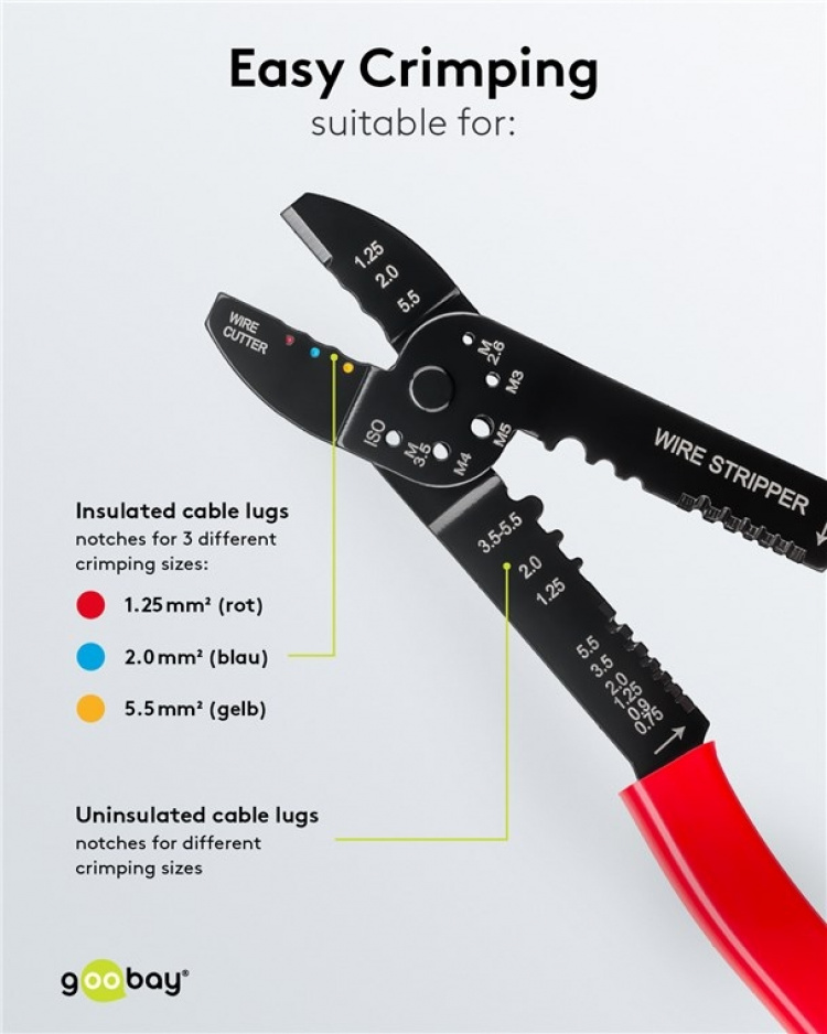 Fixpoint Crimptång för isolerade och oisolerade kabelskor multifunktionell tång för att krympa, klippa och avlägsna kablar samt för att förkorta skruvar