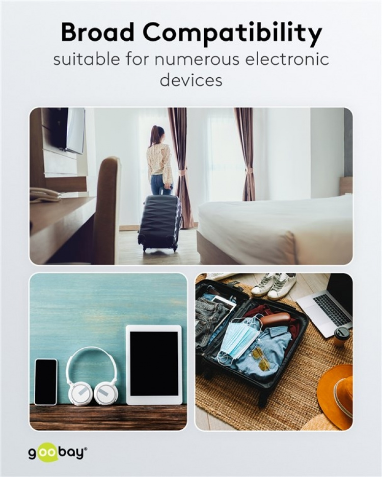 Goobay Värld till EU reseadapter, svart stickkontakt med skyddsjord (typ F, CEE 7/7) > brittiskt uttag, schweiziskt uttag (typ J, SEV 1011), italienskt uttag (typ L, CEI 23-16-VII), amerikanskt/japanskt uttag (typ B, NEMA 5-15, 3-polig)