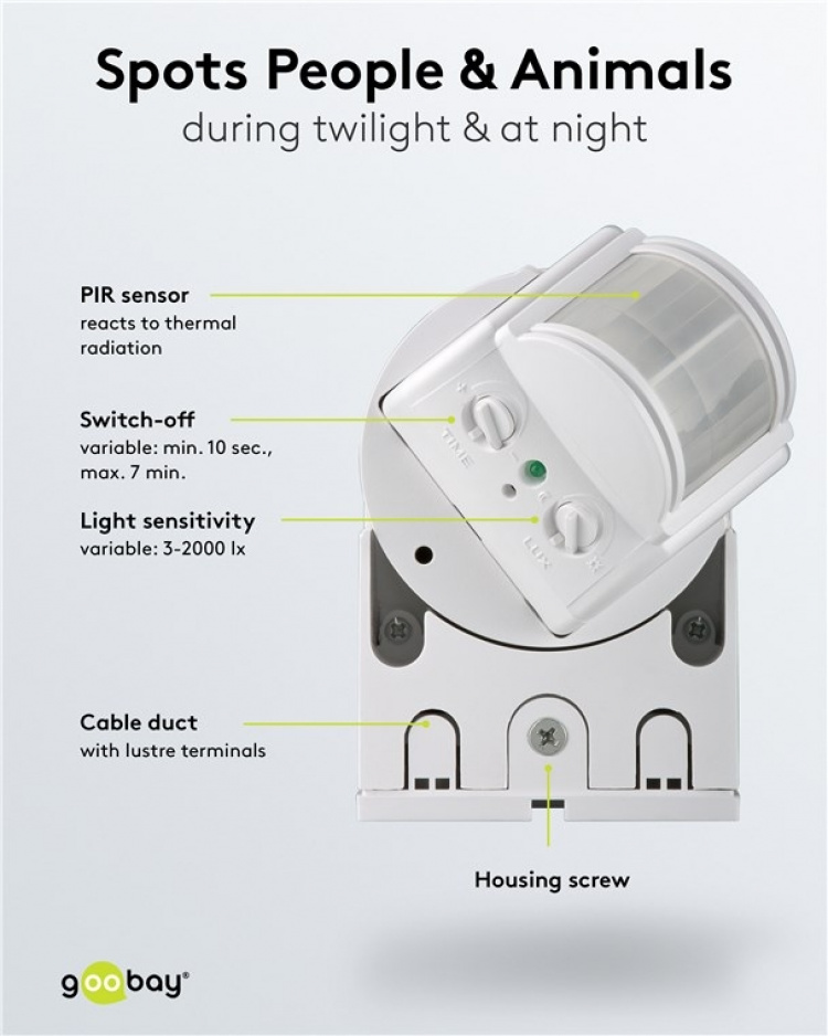 Goobay Infraröd rörelsedetektor för väggmontering, 180° detektering, 12 m räckvidd, för utomhusbruk (IP44), LED-anpassad