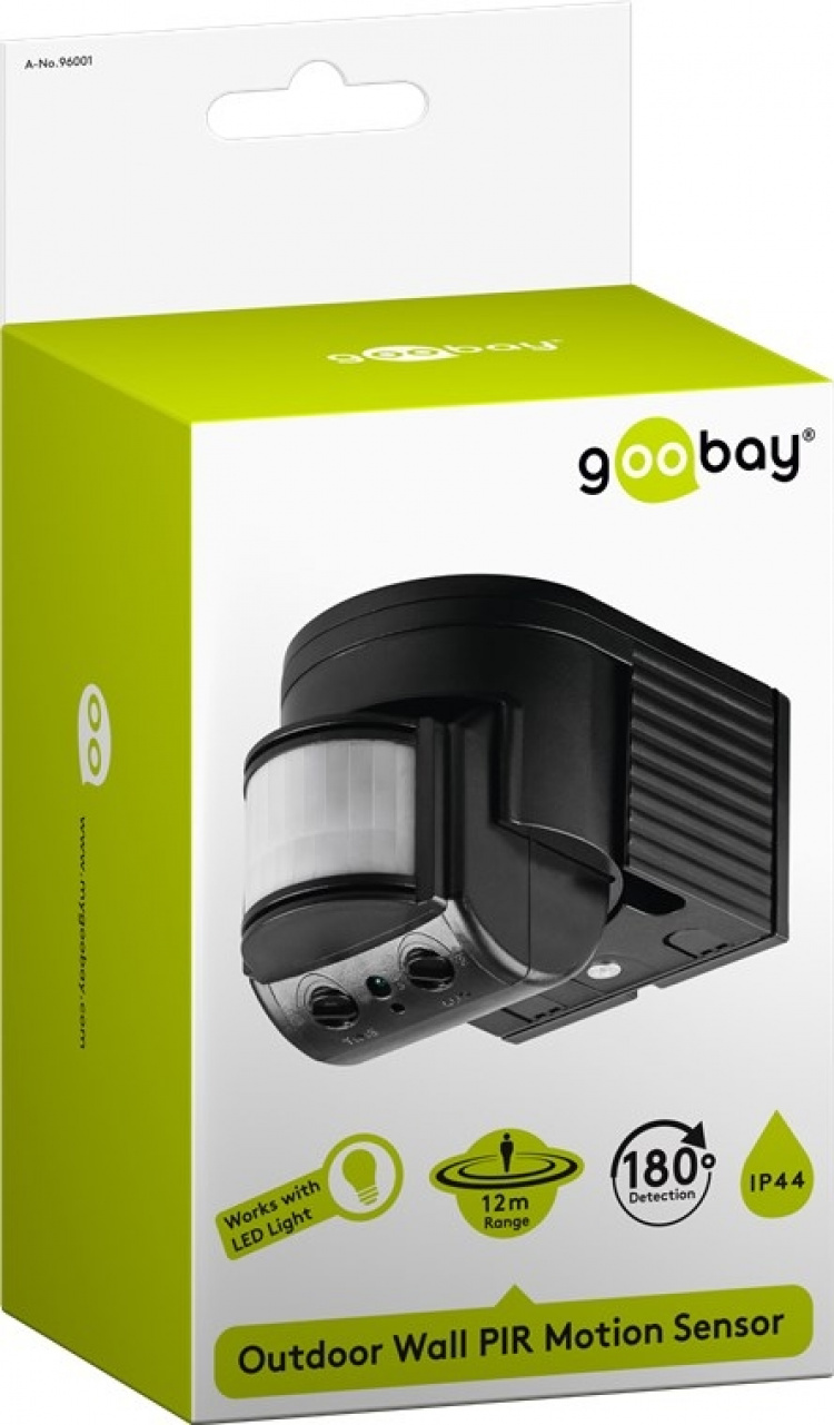 Goobay Infraröd rörelsedetektor för väggmontering, 180° detektering, 12 m räckvidd, för utomhusbruk (IP44), LED-anpassad