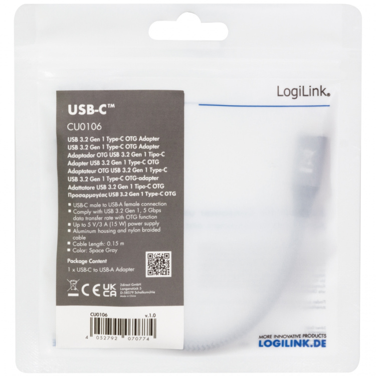 LogiLink USB-C -hane till USB-A hona OTG 15W 0,15m LogiLink USB-C -hane till USB-A hona OTG 15W 0,15m