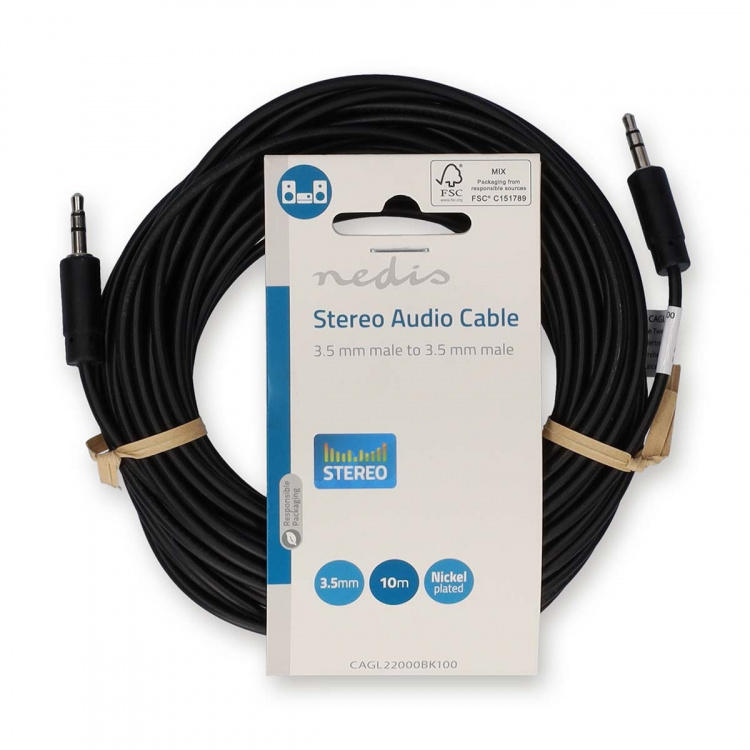 Nedis Stereo Audio Cable | 3.5 mm Male | 3.5 mm Male | Nickel Plated | 10.0 m | Round | Black | Label Nedis Stereo Audio Cable | 3.5 mm Male | 3.5 mm Male | Nickel Plated | 10.0 m | Round | Black | Label