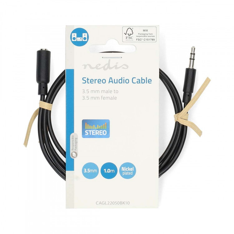 Nedis Stereo Audio Cable | 3.5 mm Male | 3.5 mm Female | Nickel Plated | 1.00 m | Round | Black | Label Nedis Stereo Audio Cable | 3.5 mm Male | 3.5 mm Female | Nickel Plated | 1.00 m | Round | Black | Label