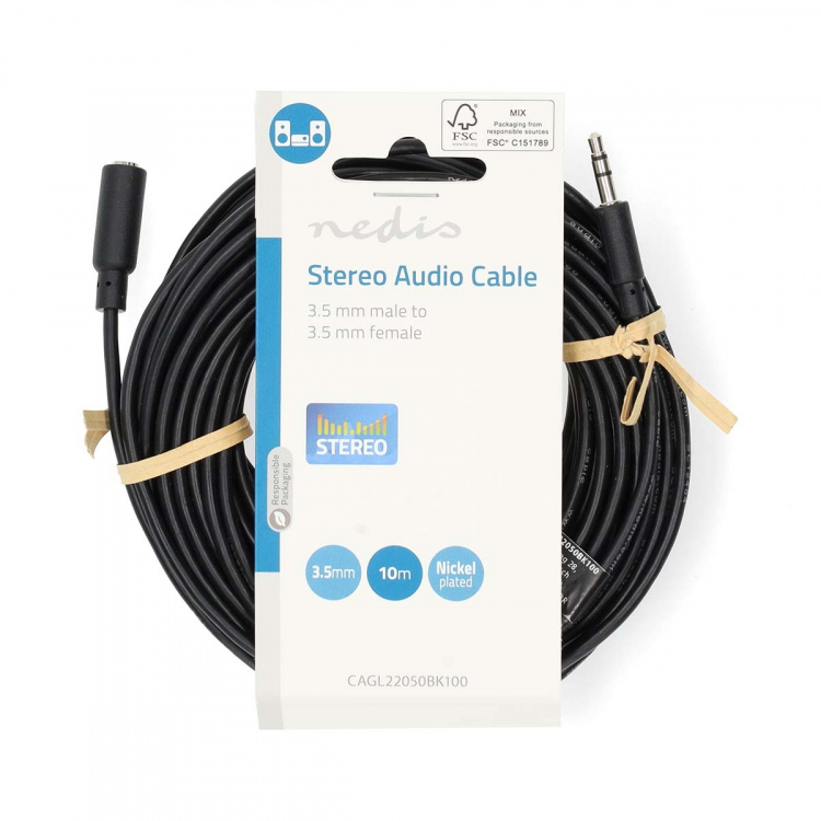 Nedis Stereo Audio Cable | 3.5 mm Male | 3.5 mm Female | Nickel Plated | 10.0 m | Round | Black | Label Nedis Stereo Audio Cable | 3.5 mm Male | 3.5 mm Female | Nickel Plated | 10.0 m | Round | Black | Label
