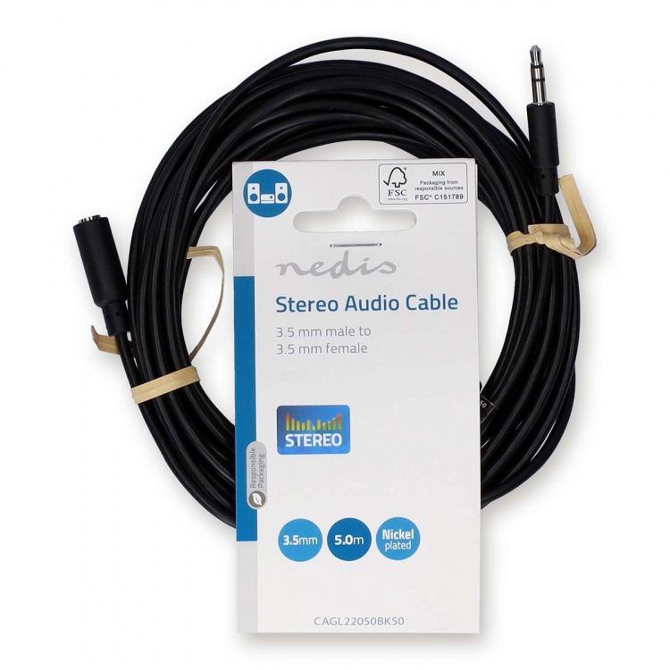 Nedis Stereo Audio Cable | 3.5 mm Male | 3.5 mm Female | Nickel Plated | 5.00 m | Round | Black | Label Nedis Stereo Audio Cable | 3.5 mm Male | 3.5 mm Female | Nickel Plated | 5.00 m | Round | Black | Label