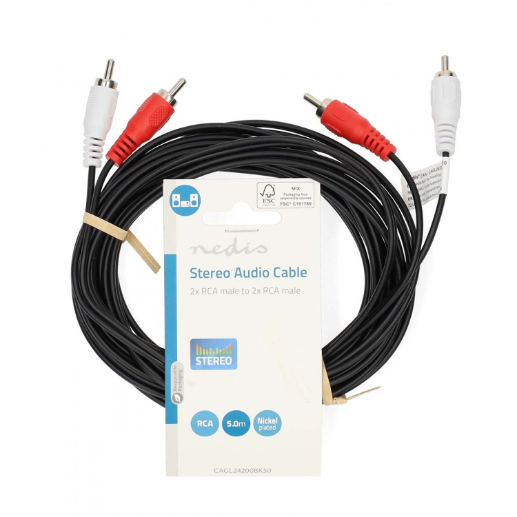 Nedis Stereo Audio Cable | 2x RCA Male | 2x RCA Male | Nickel Plated | 5.00 m | Round | Black | Label Nedis Stereo Audio Cable | 2x RCA Male | 2x RCA Male | Nickel Plated | 5.00 m | Round | Black | Label
