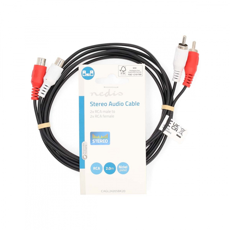 Nedis Stereo Audio Cable | 2x RCA Male | 2x RCA Female | Nickel Plated | 2.00 m | Round | Black | Label Nedis Stereo Audio Cable | 2x RCA Male | 2x RCA Female | Nickel Plated | 2.00 m | Round | Black | Label