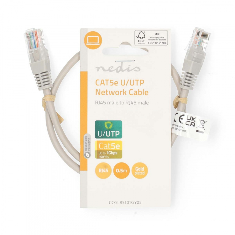 Nedis CAT5e Cable | U/UTP | RJ45 Male | RJ45 Male | 0.50 m | Round | PVC | Grey | Label Nedis CAT5e Cable | U/UTP | RJ45 Male | RJ45 Male | 0.50 m | Round | PVC | Grey | Label
