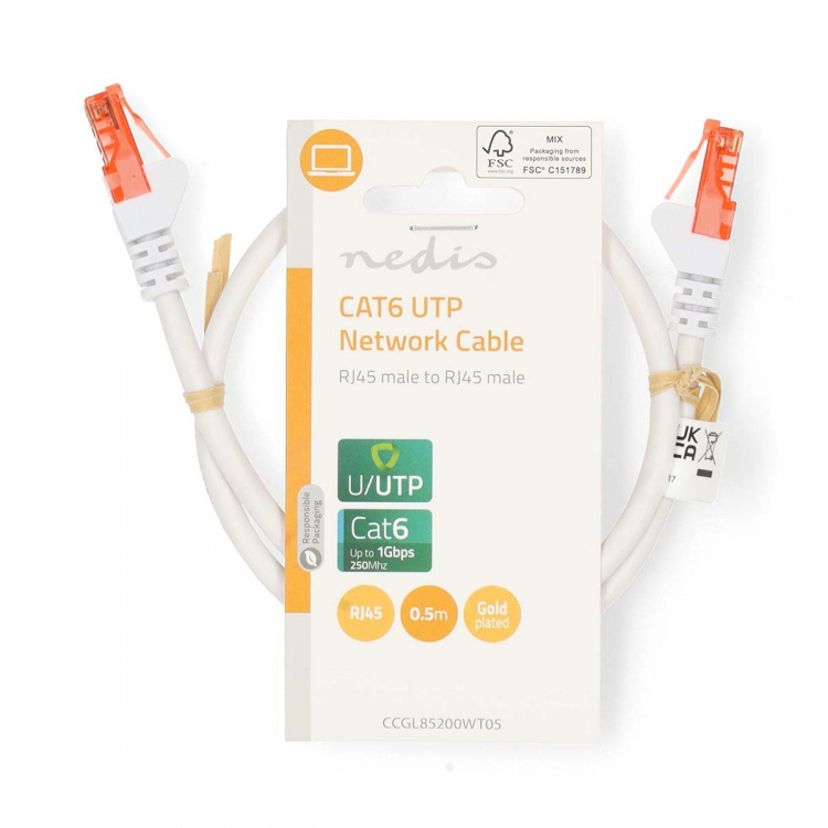 Nedis CAT6 Cable | RJ45 Male | RJ45 Male | U/UTP | 0.50 m | Round | PVC | White | Label Nedis CAT6 Cable | RJ45 Male | RJ45 Male | U/UTP | 0.50 m | Round | PVC | White | Label