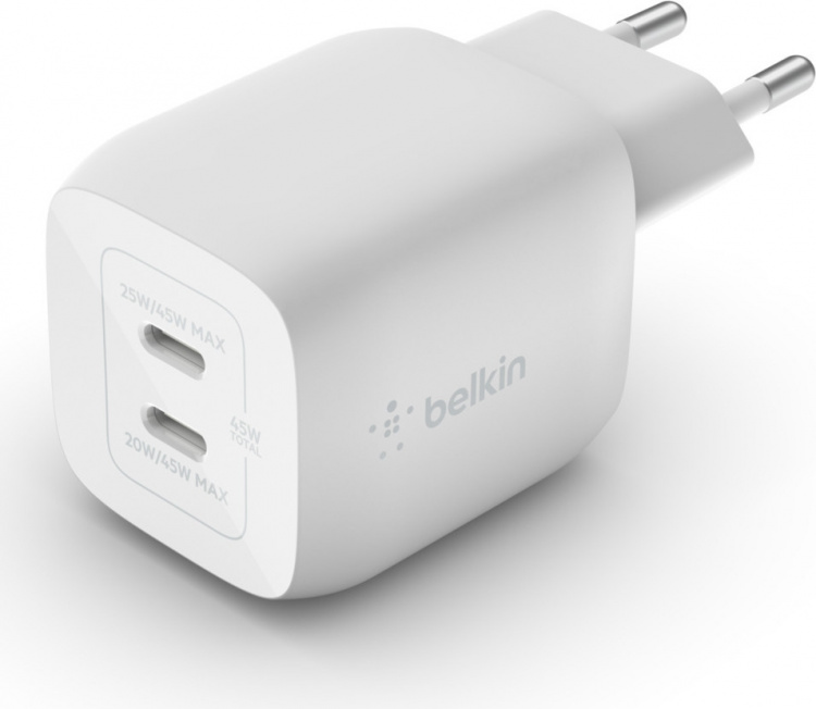Belkin Boost Charge Pro Dual Port USB-C GaN 45 W PD 3.0 -verkkovirtalaturi, valkoinen Belkin Boost Charge Pro Dual Port USB-C GaN 45 W PD 3.0 -verkkovirtalaturi, valkoinen