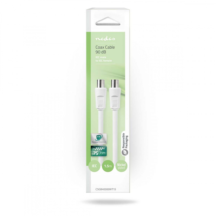 Nedis Coax Cable | IEC (Coax) Male | IEC (Coax) Female | Nickel Plated | 90 dB | 75 Ohm | Double Shielded | 1.50 m | Round | PVC | White | Box Nedis Coax Cable | IEC (Coax) Male | IEC (Coax) Female | Nickel Plated | 90 dB | 75 Ohm | Double Shielded | 1.50 m | Round | PVC | White | Box