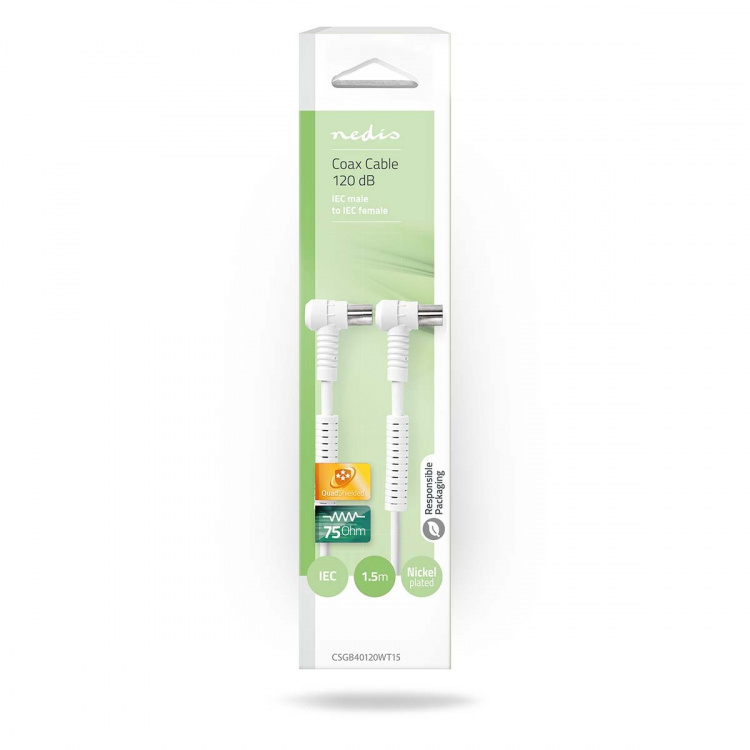 Nedis Coax Cable | IEC (Coax) Male | IEC (Coax) Female | Nickel Plated | 120 dB | 75 Ohm | Quad Shielded | 1.50 m | Round | PVC | White | Box