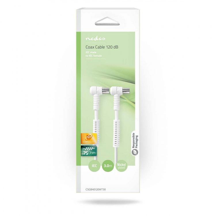 Nedis Coax Cable | IEC (Coax) Male | IEC (Coax) Female | Nickel Plated | 120 dB | 75 Ohm | Quad Shielded | 3.00 m | Round | PVC | White | Box