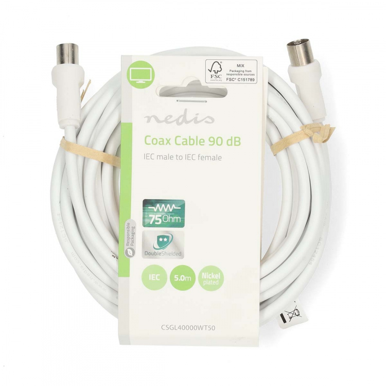 Nedis Coax Cable | IEC (Coax) Male | IEC (Coax) Female | Nickel Plated | 90 dB | 75 Ohm | Double Shielded | 5.00 m | Round | PVC | White | Label Nedis Coax Cable | IEC (Coax) Male | IEC (Coax) Female | Nickel Plated | 90 dB | 75 Ohm | Double Shielded | 5.00 m | Round | PVC | White | Label