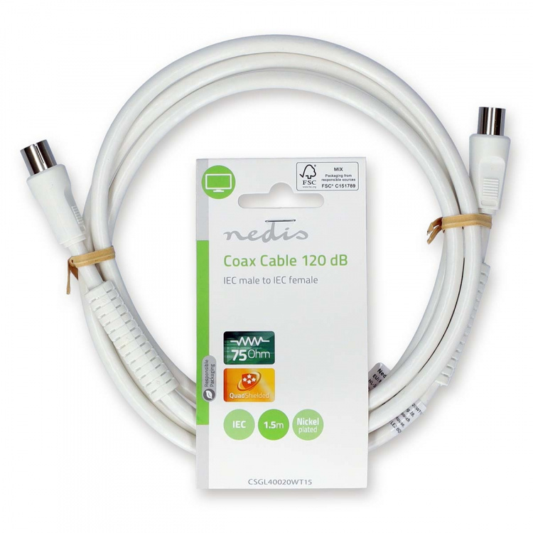 Nedis Coax Cable | IEC (Coax) Male | IEC (Coax) Female | Nickel Plated | 120 dB | 75 Ohm | Quad Shielded | 1.50 m | Round | PVC | White | Label