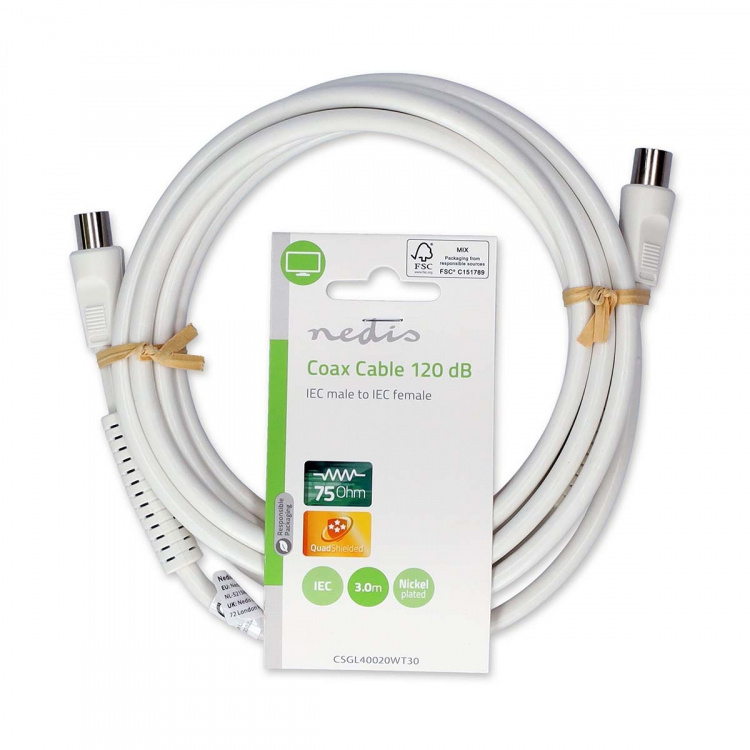 Nedis Coax Cable | IEC (Coax) Male | IEC (Coax) Female | Nickel Plated | 120 dB | 75 Ohm | Quad Shielded | 3.00 m | Round | PVC | White | Label