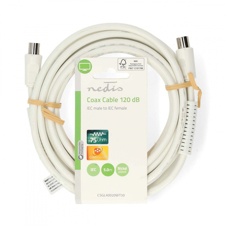 Nedis Coax Cable | IEC (Coax) Male | IEC (Coax) Female | Nickel Plated | 120 dB | 75 Ohm | Quad Shielded | 5.00 m | Round | PVC | White | Label Nedis Coax Cable | IEC (Coax) Male | IEC (Coax) Female | Nickel Plated | 120 dB | 75 Ohm | Quad Shielded | 5.00 m | Round | PVC | White | Label