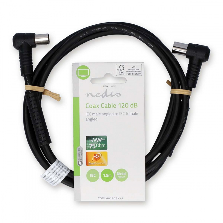 Nedis Coax Cable | IEC (Coax) Male | IEC (Coax) Female | Nickel Plated | 120 dB | 75 Ohm | Quad Shielded | 1.50 m | Round | PVC | Black | Label