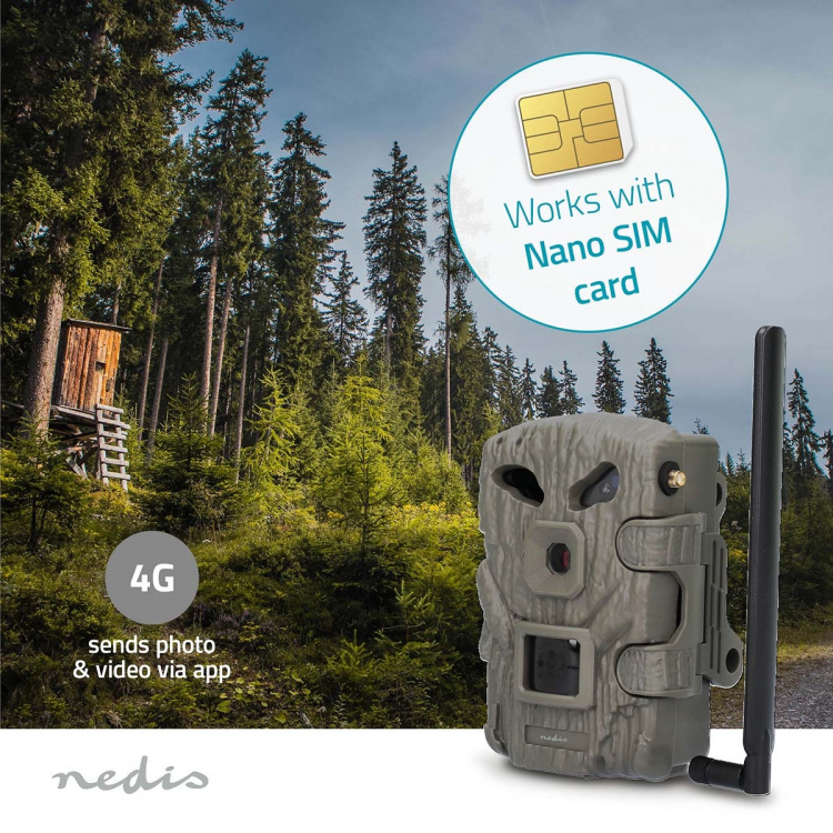 Nedis Wildlife Camera | 1080p@30fps | 30.0 MPixel | 2 MPixel CMOS | IP66 | 4G | Black No-Glow IR | Night vision | Viewing angle: 50 ° | Motion sensor | Detection angle: 50 ° | Detection range: 20 m | LCD Screen | Green