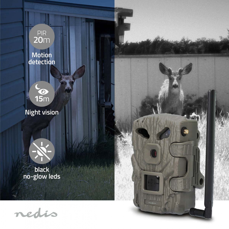 Nedis Wildlife Camera | 1080p@30fps | 30.0 MPixel | 2 MPixel CMOS | IP66 | 4G | Black No-Glow IR | Night vision | Viewing angle: 50 ° | Motion sensor | Detection angle: 50 ° | Detection range: 20 m | LCD Screen | Green