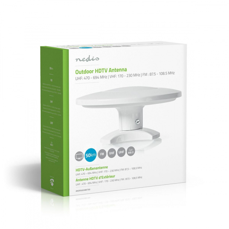 Nedis Outdoor HDTV Antenna | Active | Connector type: F-connector | FM / UHF / VHF | Reception range: 0-50 km | LTE700 | Gain: 28 dB | White
