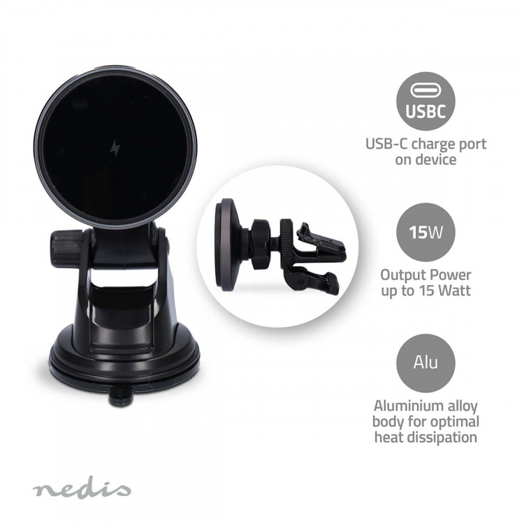 Nedis Wireless Car Charger | 7.5 / 10 / 15 W | 1.5 / 1.67 / 2 A | 1.00 m | FOD / Over Current / Over Voltage / Overheat Protection | USB Type-C™ | Including cable