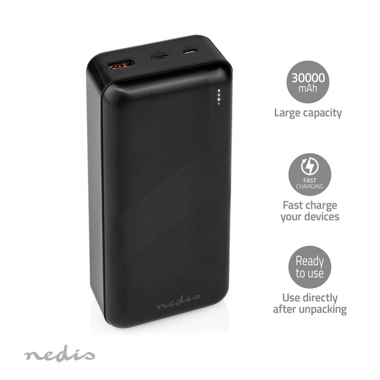 Nedis Powerbank | 30000 mAh | 1.5 / 2.0 / 3.0 A | Number of outputs: 2 | Output connection: 1x USB-A / 1x USB-C™ | Input connection: 1x Micro USB / 1x USB-C™ | PD3.0 20W | Lithium-Polymer